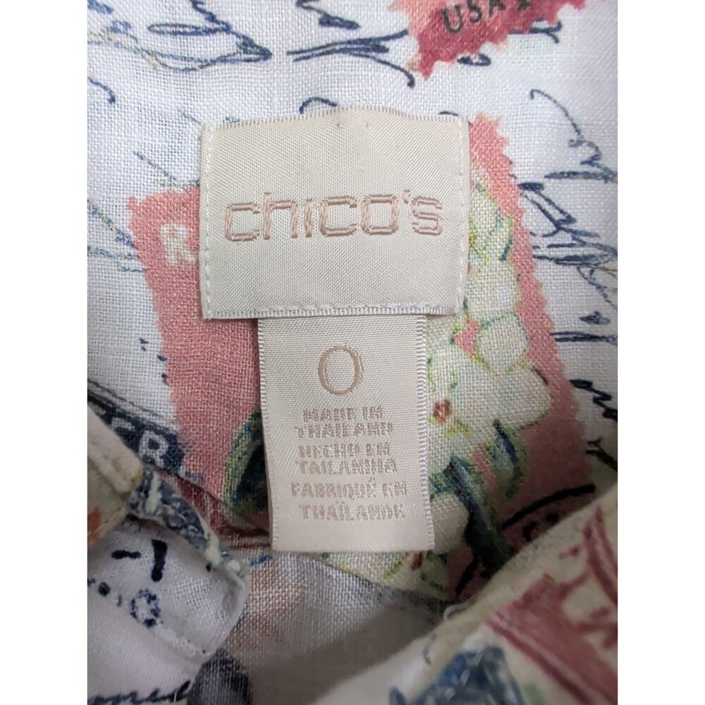 Chico's No Iron Linen Button Up Blouse Novelty Travel Stamp Print Birds Size 0 S - Picture 3 of 7